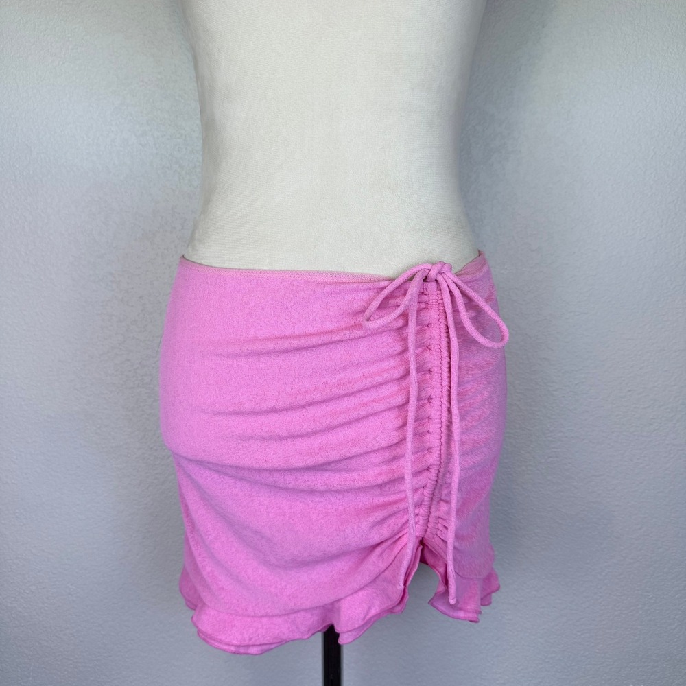 NWT White Fox Pink Ruched Mini Skirt Ruffle Hem Mesh Drawstring Sparkle Sz Small